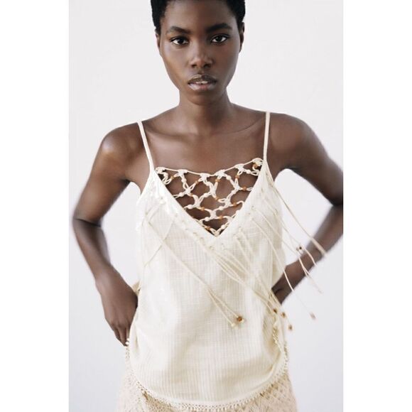NWT Zara Beaded Macrame Knot & Fringe Cotton V-Neck Top in Ecru, Size XS - Picture 6 of 15